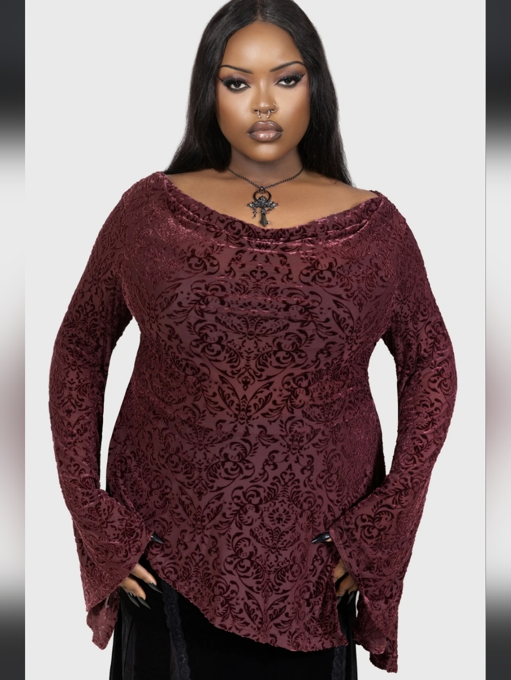 Killstar Burgundy Velvet Burnout Long-Sleeve Asymmetrical Top Dress - Picture 5 of 8
